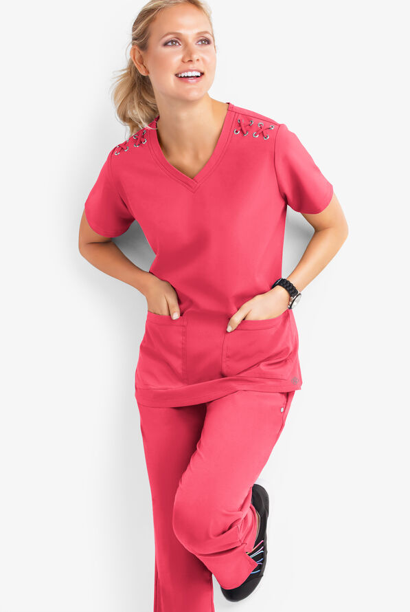 Blusa médica Easy STRETCH Leila con ojales y lazos para mujer - Bright Watermelon - 2