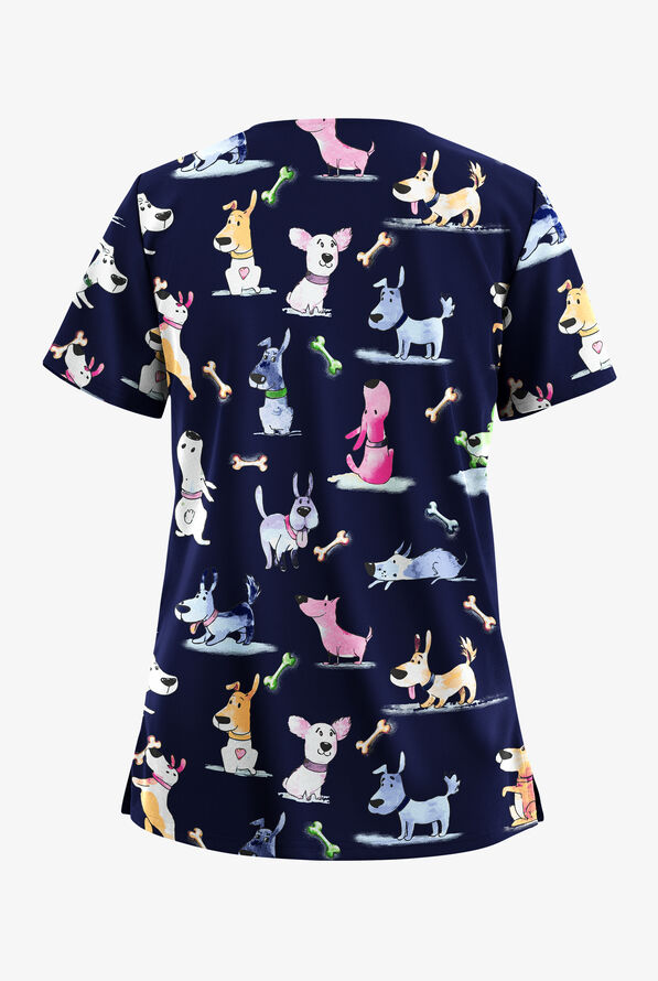 Blusa m&eacute;dica estampada Butter-Soft STRETCH Happy Tails Navy con cuello en V y 2 bolsillos para mujer - null - 2