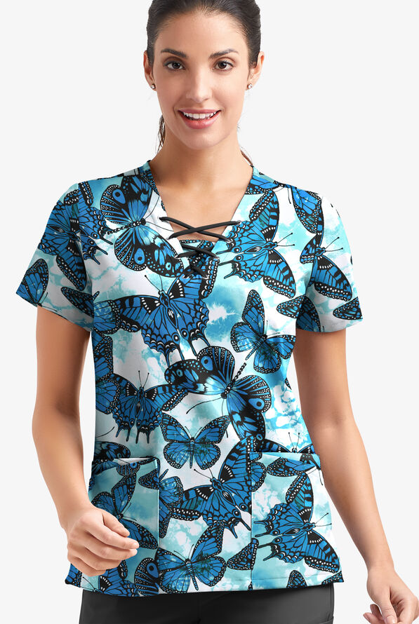 Easy STRETCH Butterfly Oasis Women's 4-Pocket Lace Up V-Neck Print Scrub Top - null - 2