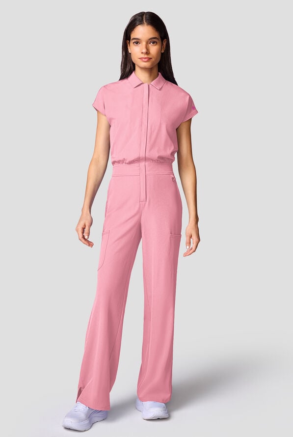 Med Couture Amp Women's 4-Pocket STRETCH Dolman Sleeve Collar Neck Wide Leg Scrub Jumpsuit - Pixel Pink - 1
