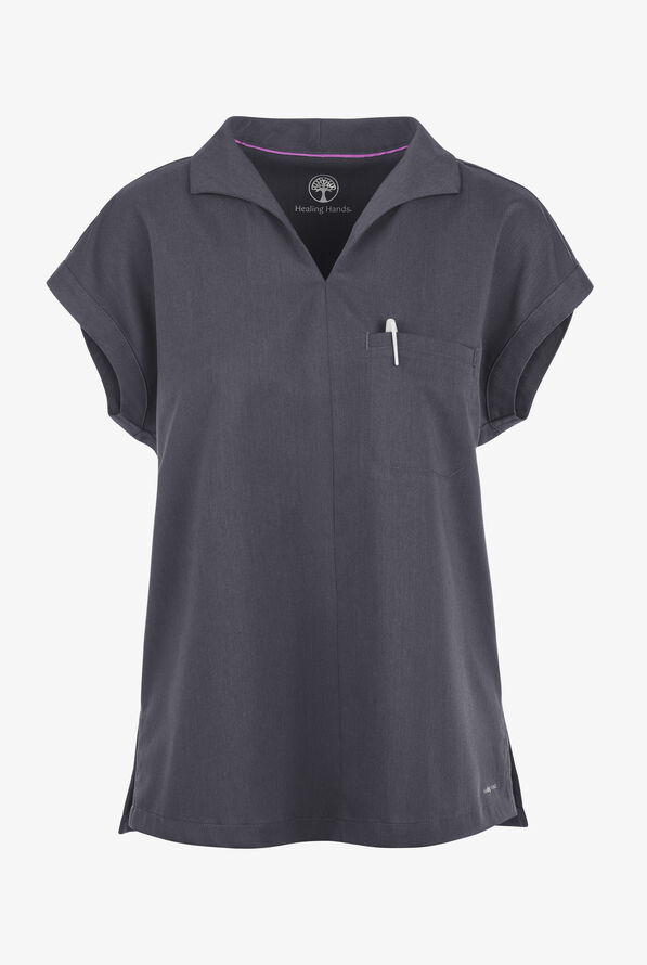 Healing Hands Purple Label Women's 1-Pocket STRETCH Dolman Sleeve Notch Collar Scrub Top - Pewter - 1