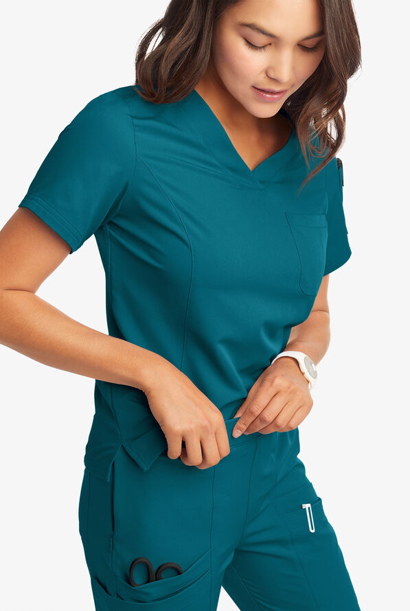 Butter-Soft Women's 3-Pocket V-Neck Tuck-In Scrub Top **Slightly IRREGULAR** - Caribbean Blue - 2