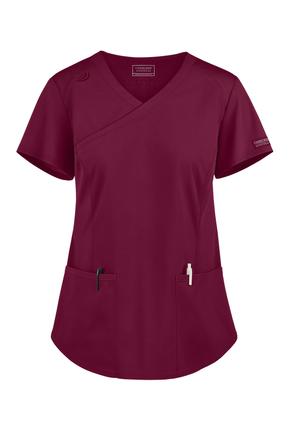Blusa médica Cherokee Workwear Professionals Active estilo cruzado con 2 bolsillos para mujer - Wine - 1