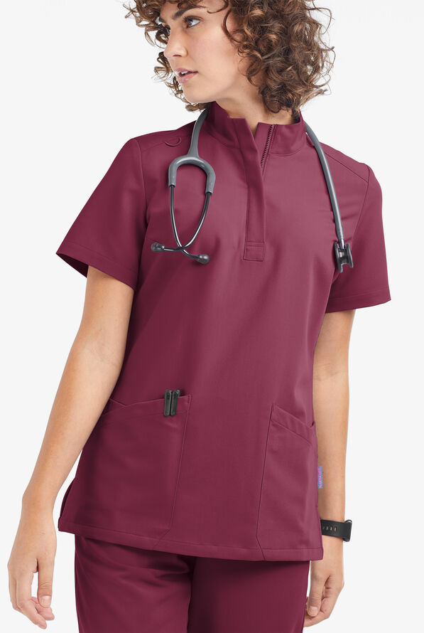 Movement by Butter-Soft Lyrae Women’s 6-Pocket Zip Closure Neck Scrub Top - Wine - 2