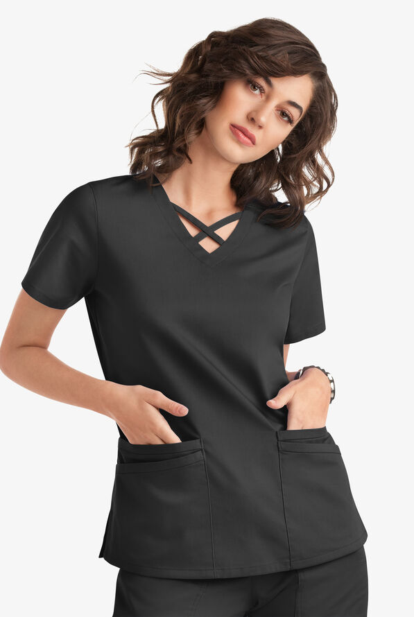 Blusa m&eacute;dica UA Butter-Soft STRETCH con lazos entrecruzados y 4 bolsillos para mujer - Black - 5