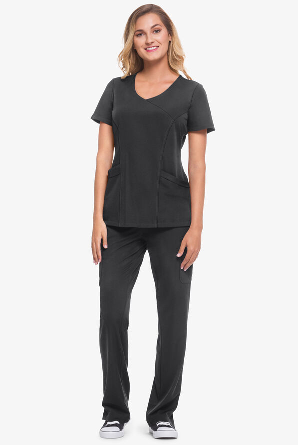 HH Works by Healing Hands Madison Women's 4-Pocket STRETCH Mock Wrap Scrub Top - Pewter - 2