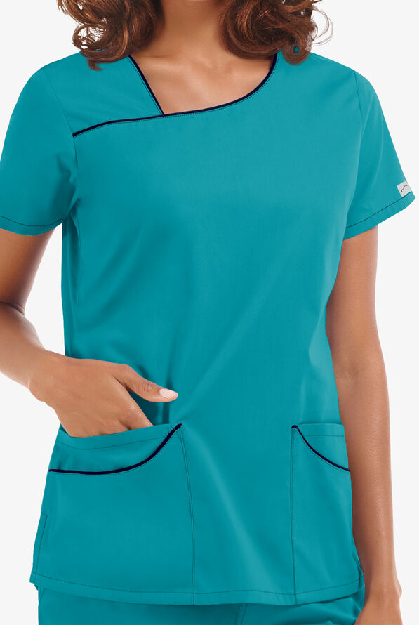 Butter-Soft Core Women's 4-Pocket Asymmetrical Neck Scrub Top - Teal/Navy - 2