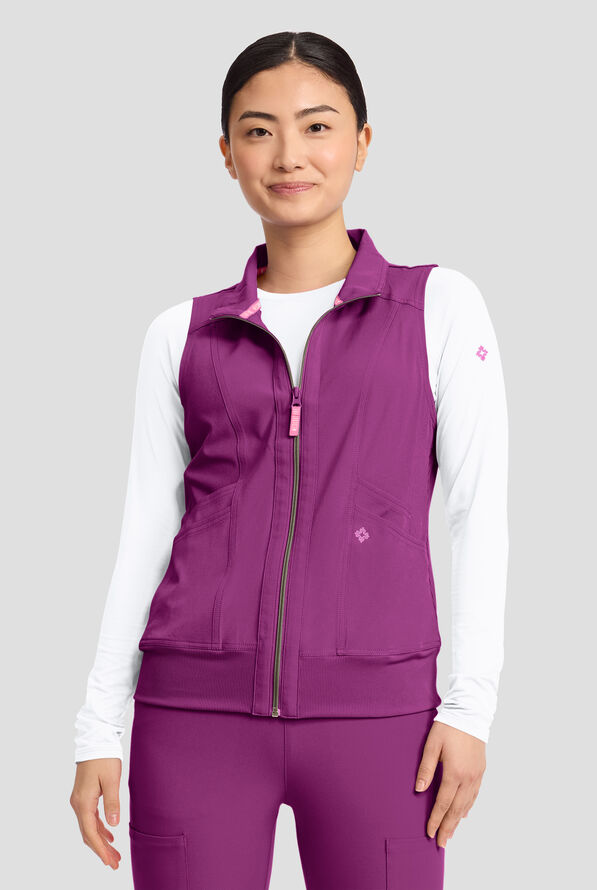 Med Couture Amp Women's 4-Pocket STRETCH Zip Front Removable Hoodie Scrub Vest - Plum Royale - 2