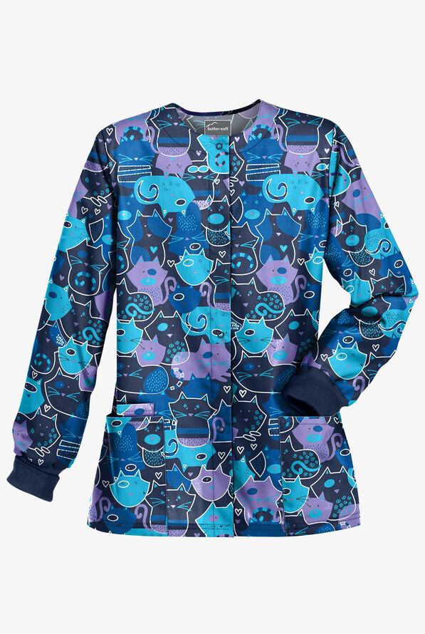 UA ButterSoft Puzzle Cats Navy Women's 2Pocket Round Neck Print Scrub