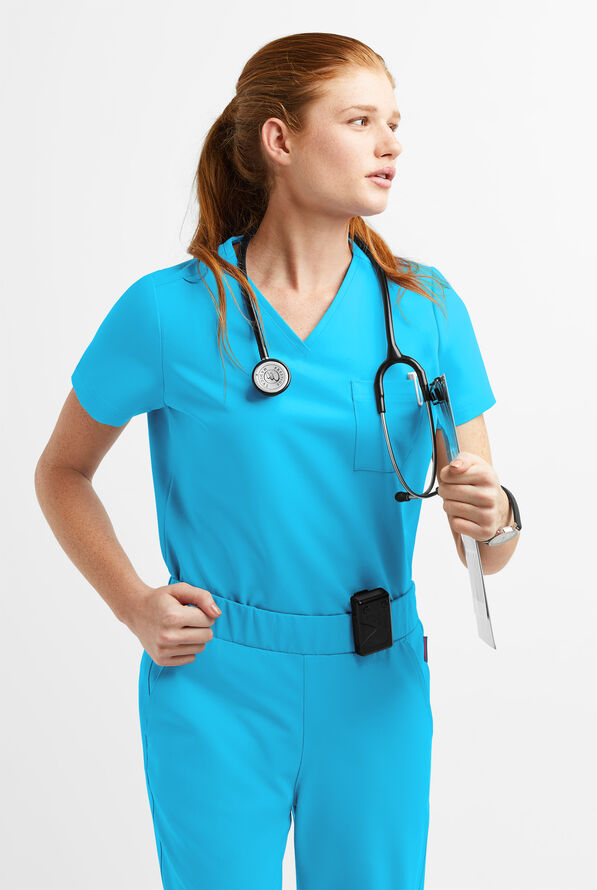 MOVEMENT by Butter-Soft Ceti Women's 1-Pocket V-Neck Tuck-In STRETCH Scrub Top - Turquoise - 2