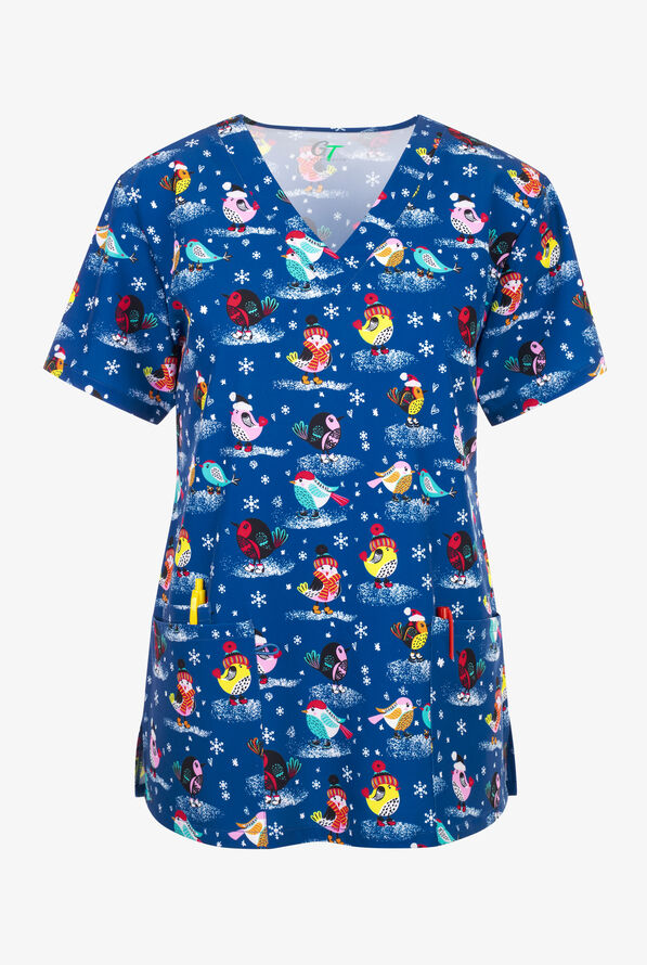 Green Town Snow Birds Women's 3-Pocket STRETCH V-Neck Print Scrub Top - null - 1