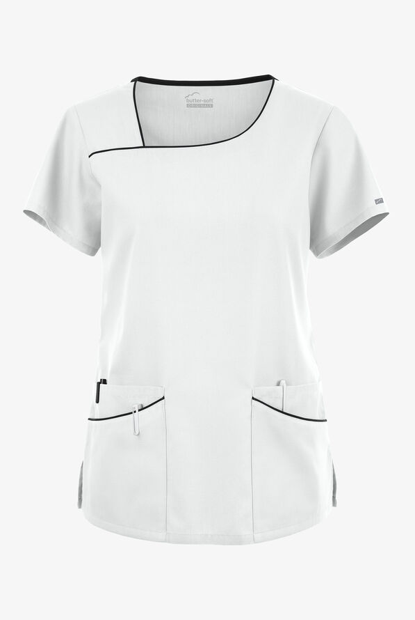 Blusa médica Butter-Soft Originals con cuello asimétrico y 4 bolsillos para mujer - White/Black - 1