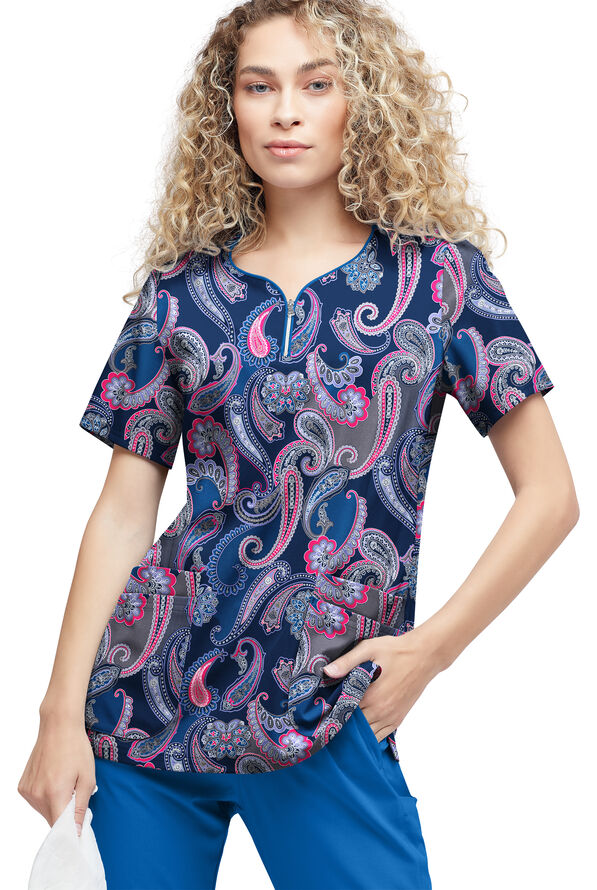 Tafford Active STRETCH Kashmir Paisley Navy Women's 4-Pocket Zip Curved Neck Print Scrub Top - null - 2