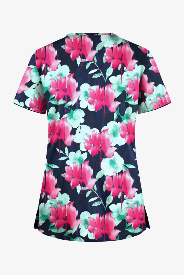 Butter-Soft STRETCH Valencia Ikat Navy Women's 1-Pocket V-Neck Print Scrub Top - null - 2