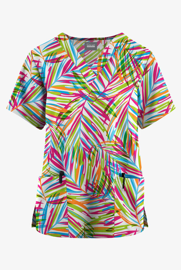 Butter-Soft Originals Palm Paradise White Women's 2-Pocket V-Neck Print Scrub Top - null - 1