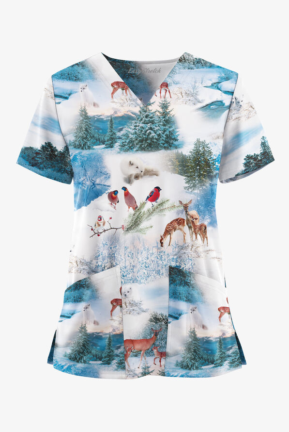 Easy STRETCH Aspen Wonderland Hunter Women's 2-Pocket V-Neck Print Scrub Top - null - 1