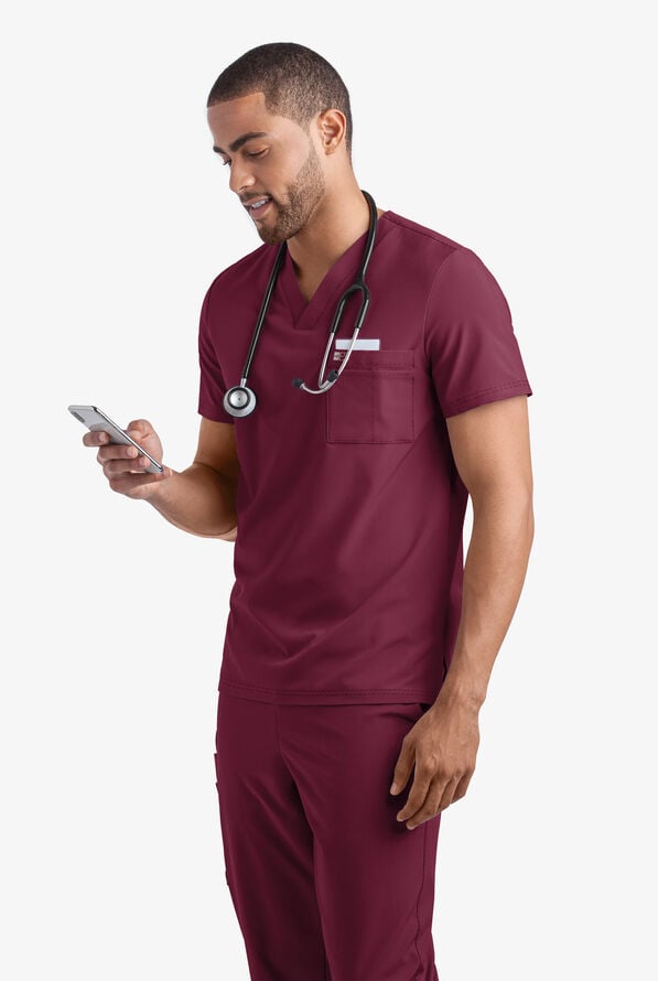 Easy STRETCH Riley Unisex 3-Pocket V-Neck Scrub Top - Wine - 2