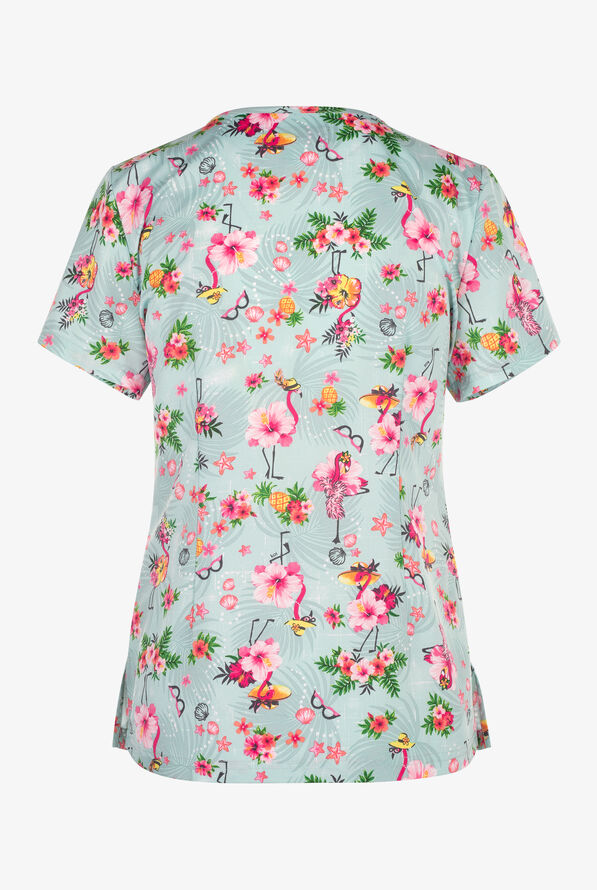 koi Basics Summer Flamingo Women's 2-Pocket STRETCH V-Neck Print Scrub Top - null - 2