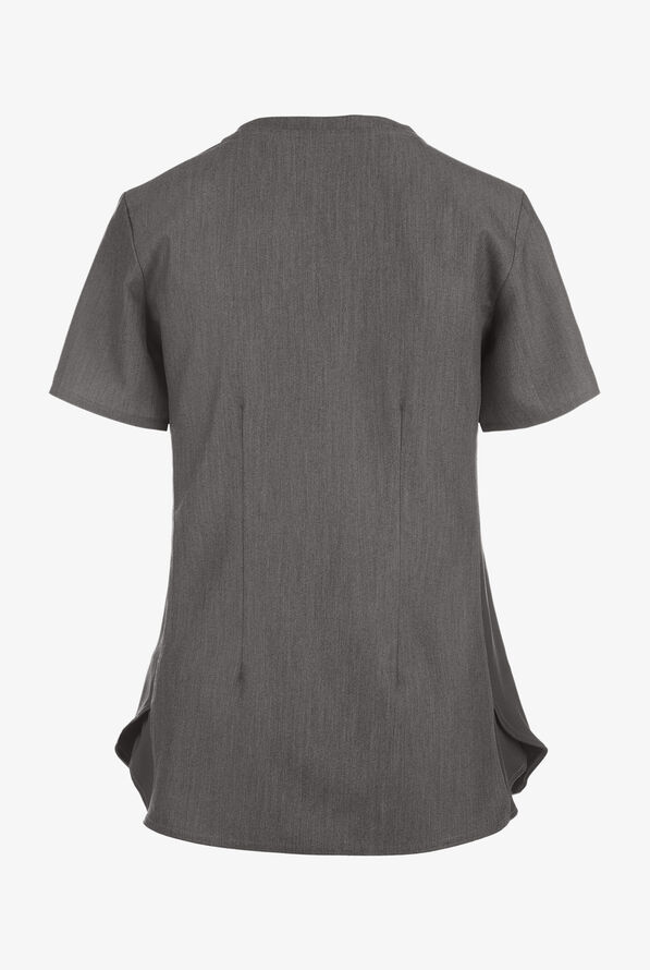 Med Couture Touch Women's 3-Pocket STRETCH Rib-Knit Side Panels Shirttail V- Neck Scrub Top - Slate Heather - 2