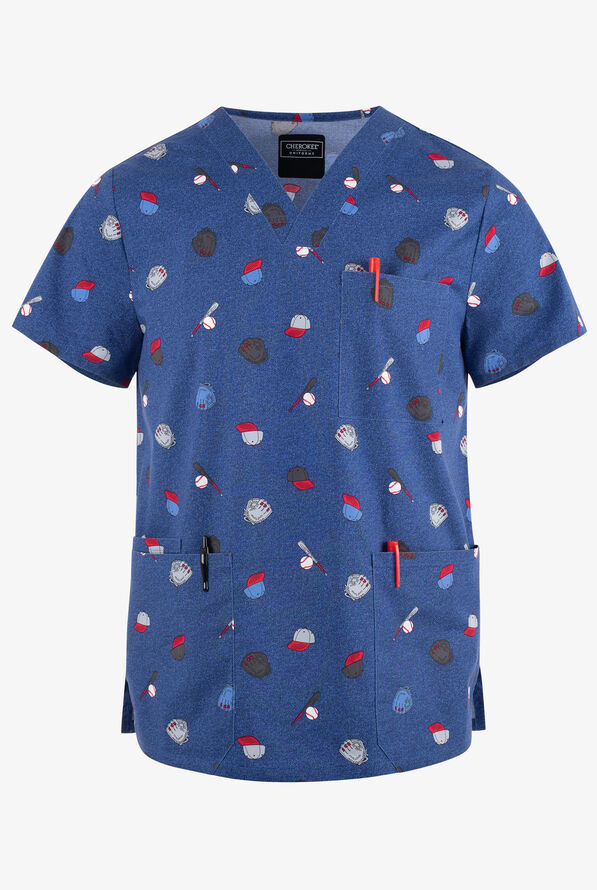 Cherokee Genuine Home Run Baseball Men's 4-Pocket STRETCH Print Scrub Top - null - 1