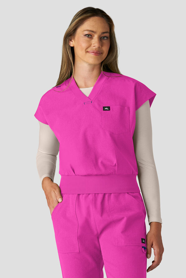 koi Solis Trinity Women's 1-Pocket STRETCH Banded Bottom Split V-Neck Scrub Top - Hibiscus - 2