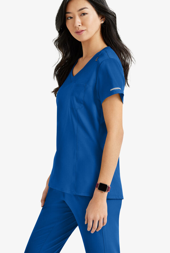 Skechers by Barco Dignity Women's 1-Pocket STRETCH Tuck In V-Neck Scrub Top - Royal - 4