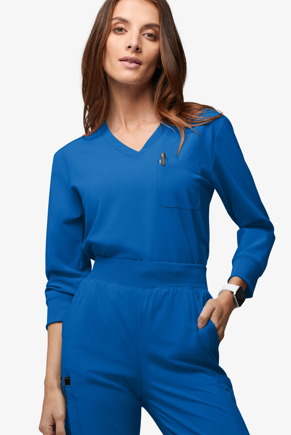 Easy STRETCH Women's Josie 2-Pocket Relaxed 3/4" Sleeve Scrub Top - Royal - 2