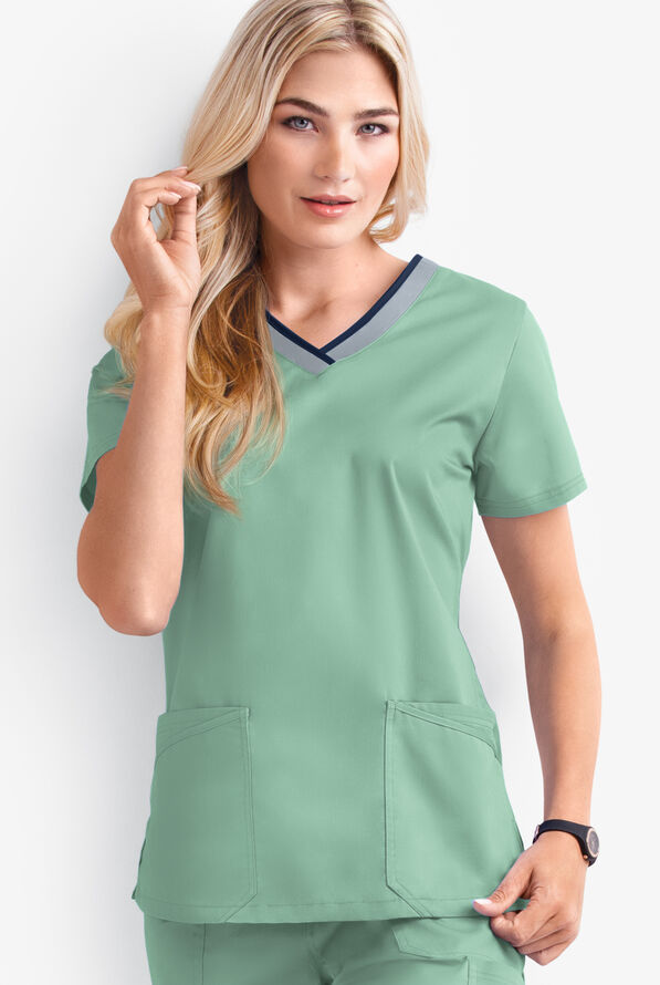 Blusa médica UA Butter-Soft STRETCH Active con cuello en V redondeado y 4 bolsillos para mujer - Water Mint/Silver/Navy - 2