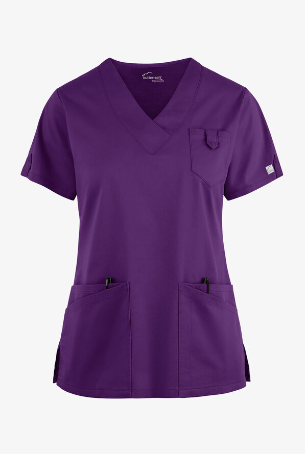 Butter-Soft STRETCH Women's 6-Pocket V-Neck Scrub Top - Eggplant - 1