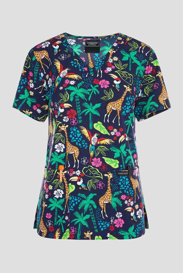 Blusa médica estampada Cherokee Jungle Jive STRETCH con cuello en V y 2 bolsillos para mujer - null - 1