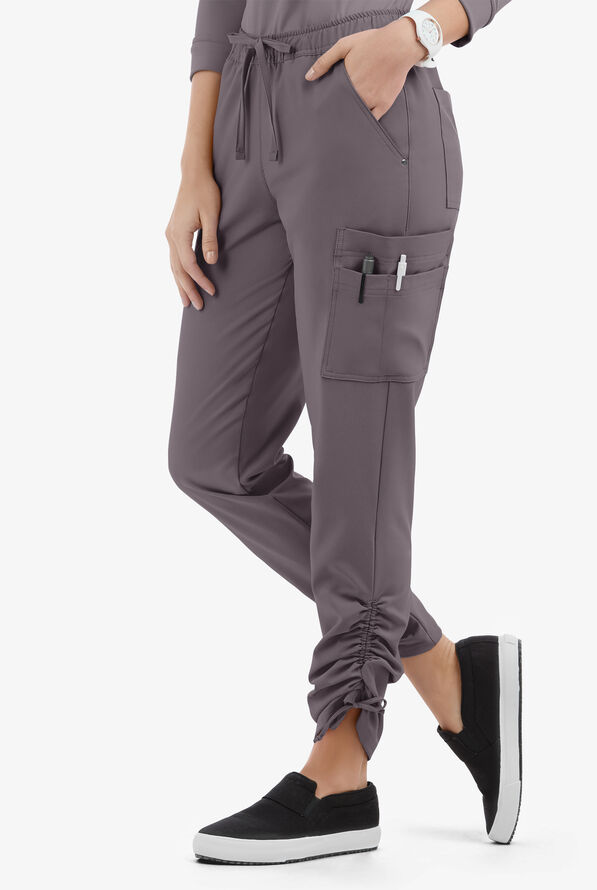 Easy STRETCH Halle Women's 11-Pocket Ruched Leg Jogger Scrub Pants - Petite - Grey Stone - 1