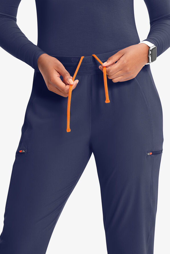 Infinity GNR8 Women's 4-Pocket STRETCH Rib-Knit Internal Drawstring Cargo Jogger Scrub Pants - Navy/Vivid Orange - 3