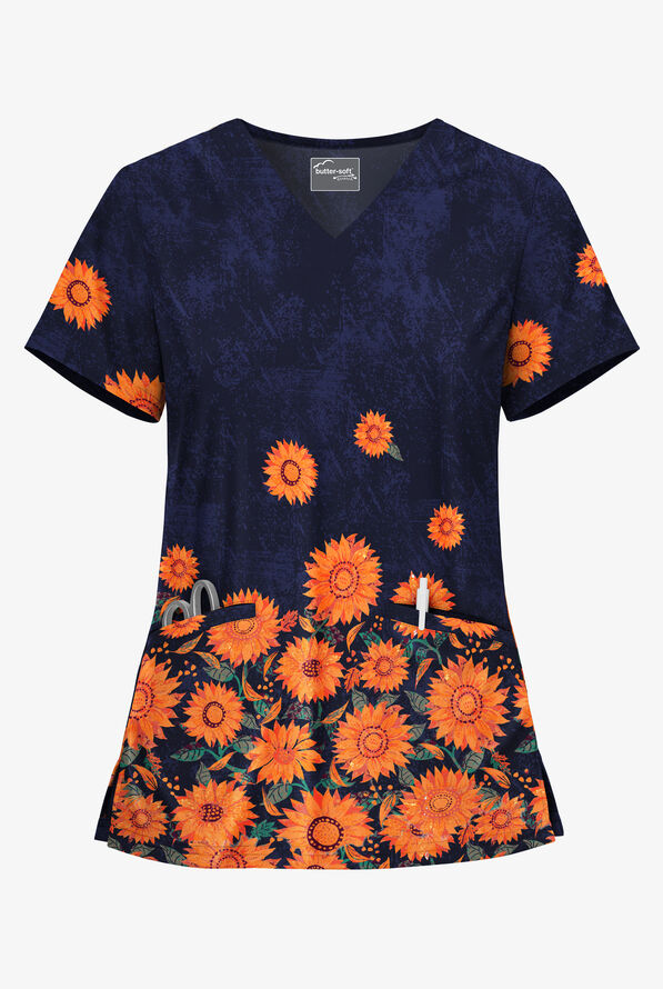 Butter-Soft STRETCH Sunflowers Navy Women's 2-Angled Welt Pocket V-Neck Print Scrub Top - null - 1