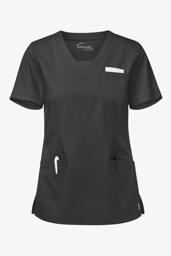 Blusa médica UA Butter-Soft STRETCH con cuello en V y 3 bolsillos de ojal para mujer - Black - 1