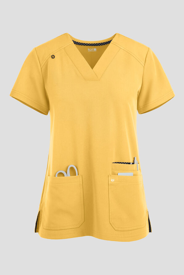 Blusa m&eacute;dica Koi Next Gen Hustle and Hear con cuello en V y 3 bolsillos para mujer - Butter Yellow - 1
