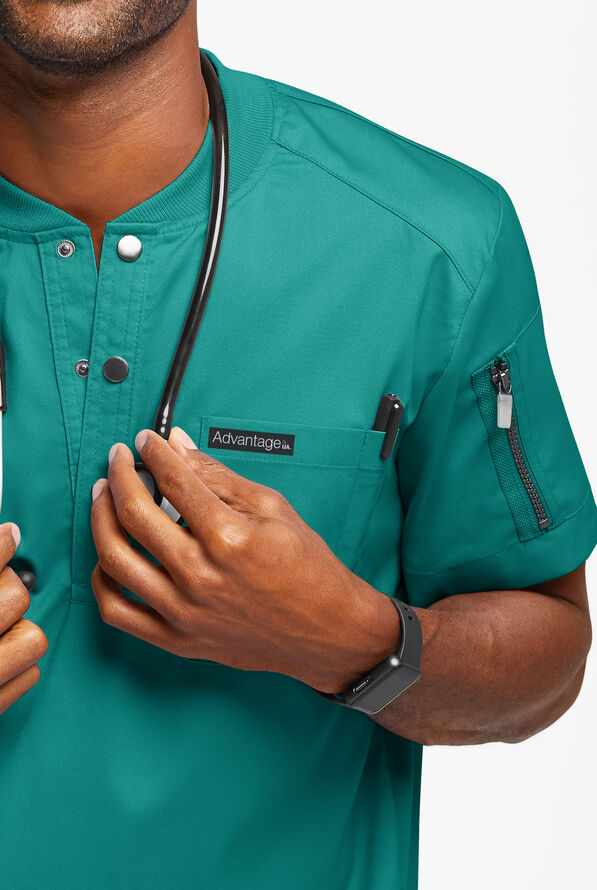 Advantage STRETCH Men's 2-Pocket Short Sleeve Henley Scrub Top - Teal - 3