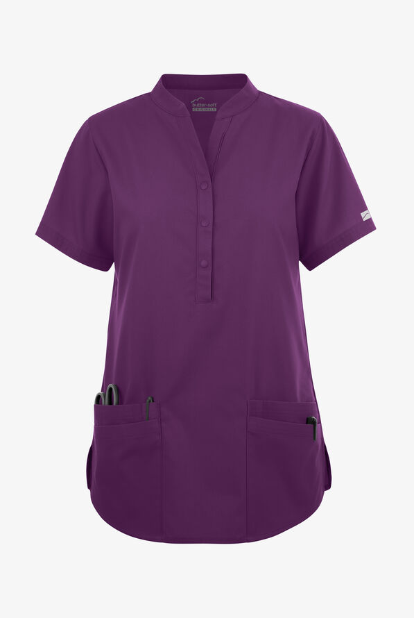 Blusa médica Butter-Soft Originals con cuello mao y 6 bolsillos para mujer - Eggplant - 1