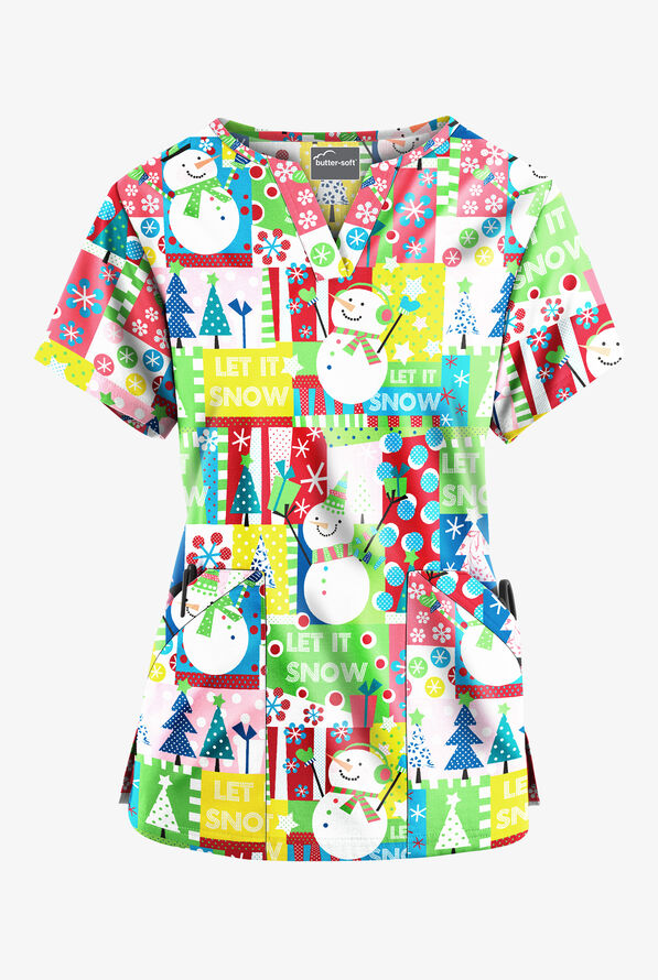 Butter-Soft Joyful Snowman Grass Green Women&rsquo;s 4-Pocket V Notch-Neck Print Scrub Top - null - 1