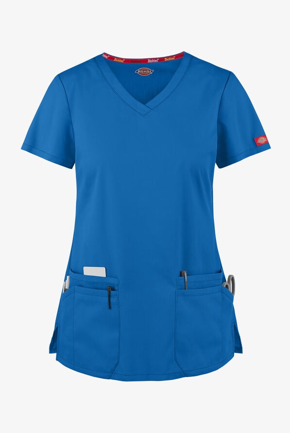 Blusa m&eacute;dica Dickies EDS Signature de corte contempor&aacute;neo con cuello en V y 6 bolsillos para mujer - Royal - 1