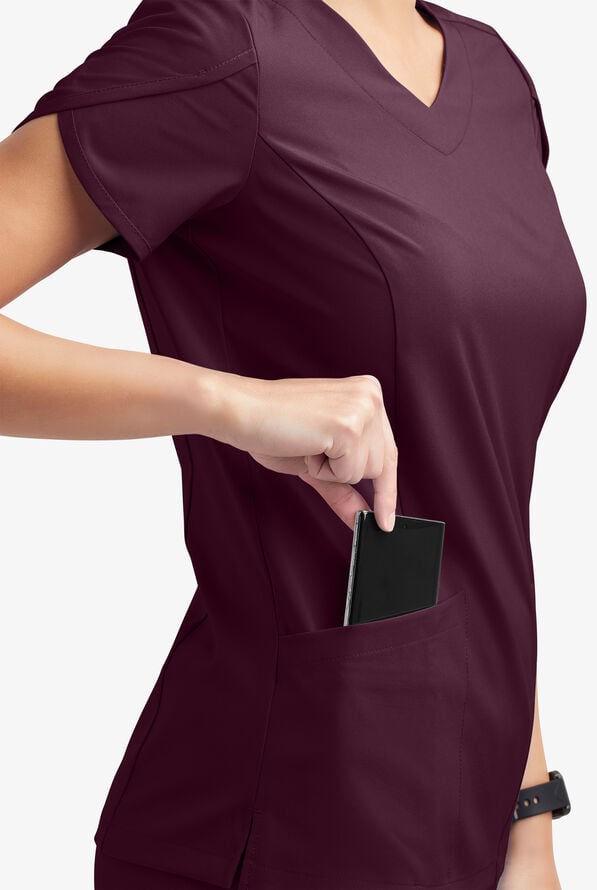 Easy STRETCH Daisy Women's 4-Pocket V-Neck Scrub Top with Petal Sleeves - Dark Mulberry - 5