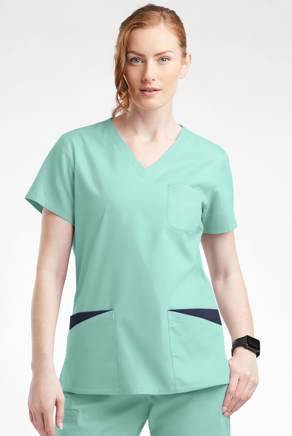 Butter-Soft Originals Women's 7-Pocket Rounded V-Neck Scrub Top - Water Mint/Navy - 2