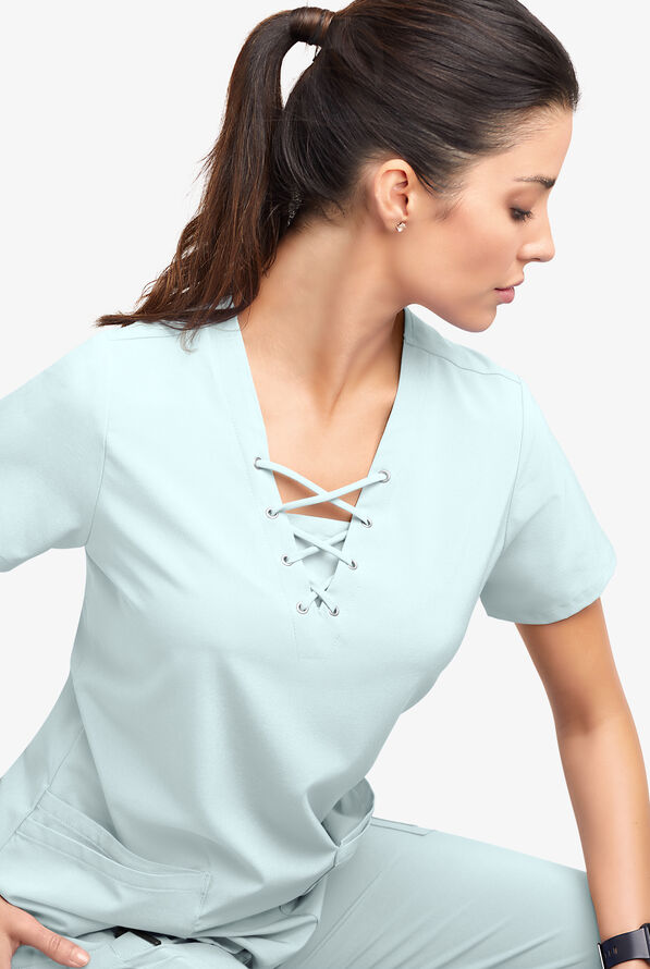Easy STRETCH Gisele Women's 4-Pocket Lace Up V-Neck Scrub Top - Blue Frost - 5