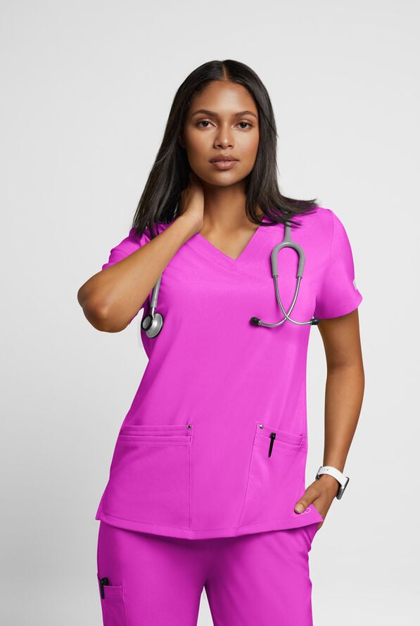 Blusa m&eacute;dica Easy STRETCH Lina con cuello en V ingleteado y 4 bolsillos para mujer - Electric Fuchsia - 2