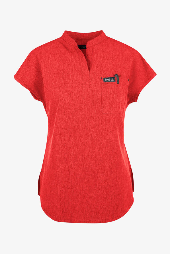 koi Basics Ari Women's 1-Pocket STRETCH Dolman Sleeve Mandarin Collar Scrub Top - Heather Candy Red - 1