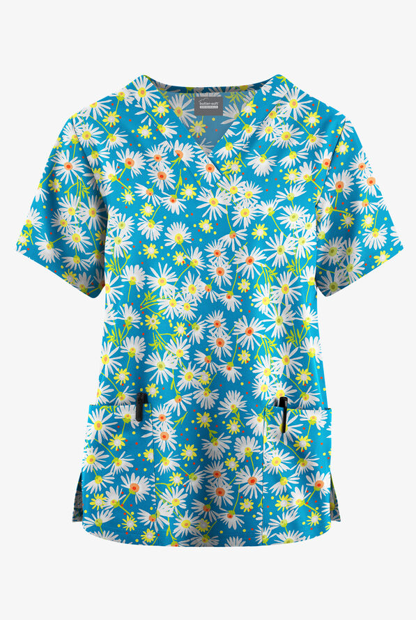 Butter-Soft Originals Daisy Breeze Turquoise Women's 2-Pocket V-Neck Print Scrub Top - null - 1