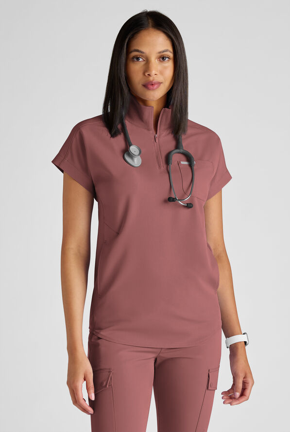 ReSurge Rhine Women's 5-Pocket Oversized Half Zip Stand Collar Scrub Top - Soft Chestnut - 1