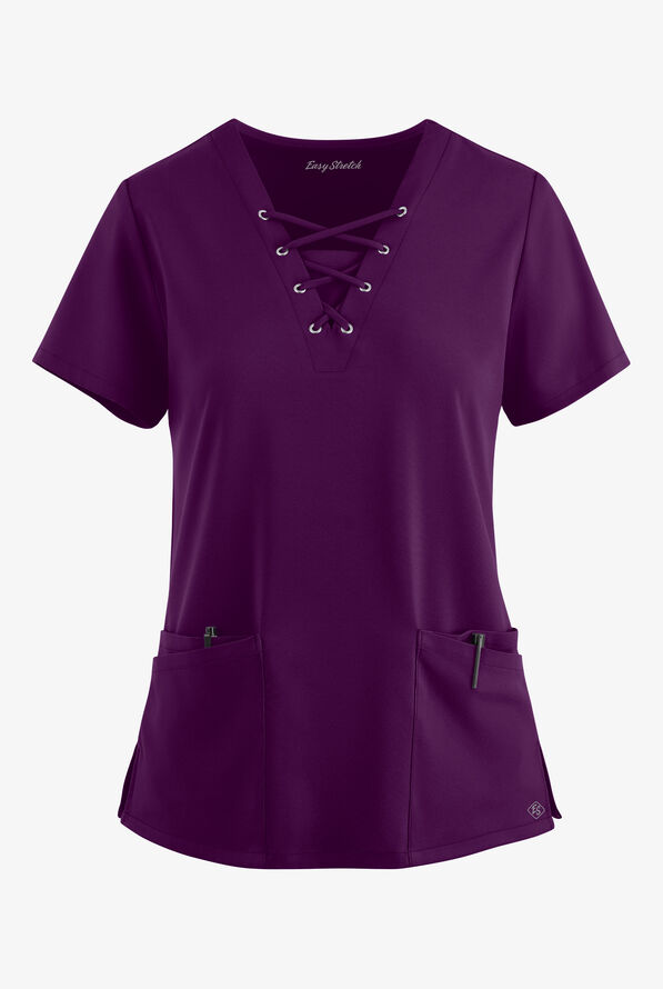 Easy STRETCH Gisele Women's 4-Pocket Lace Up V-Neck Scrub Top - Eggplant - 1