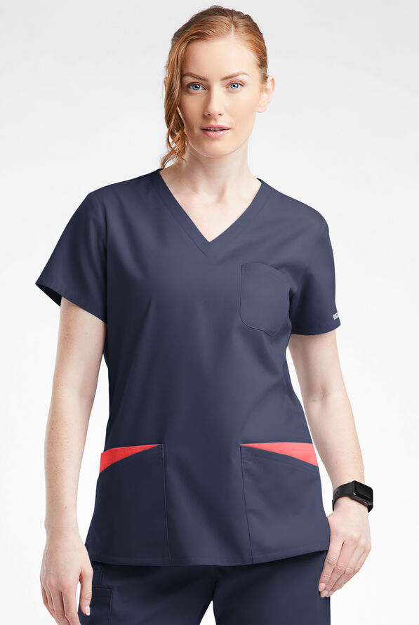 Butter-Soft Originals Women's 7-Pocket Curved V-Neck Scrub Top - Navy/Radiant Red - 2