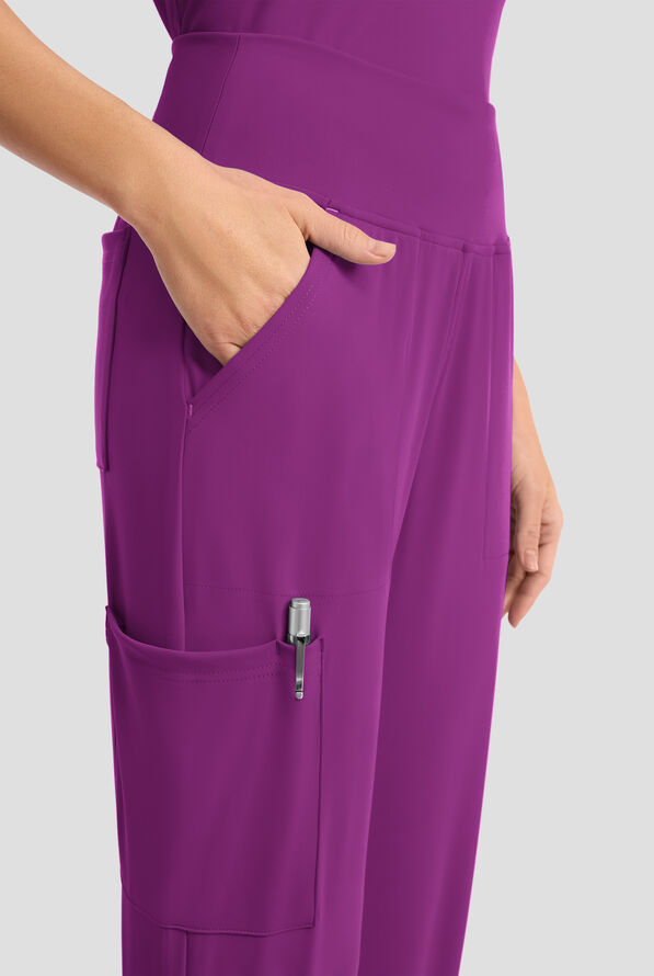 Cherokee Achieve Women's 5-Pocket STRETCH Cargo Jogger Knit Scrub Pants - Wild Mulberry - 2