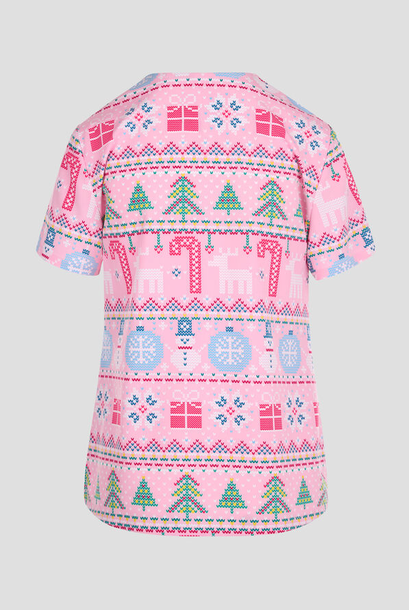 Cherokee Festive Fair Isle Women's 2-Pocket STRETCH V-Neck Print Scrub Top - null - 2
